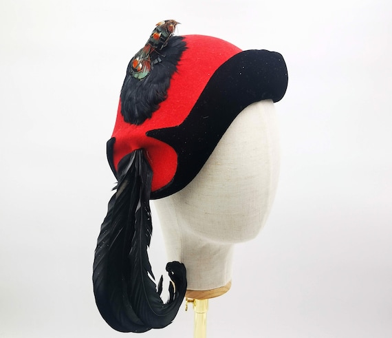 Vintage Italian Half Hat, Red Felt, Velvet, Millinery  display picture 2