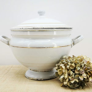 Enameled soup tureen, antique enameled soup tureen, white soup tureen with gilded filets, French antique enamel soup tureen with foot
