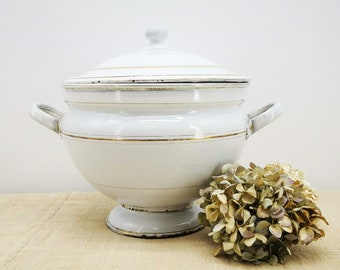 Enameled soup tureen, antique enameled soup tureen, white soup tureen with gilded filets, French antique enamel soup tureen with foot