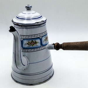 Enamel French COFFEE BIGGIN, white base & hand painted medallions, french enamelware chocolate pot vintage, Antique enamel coffee pot