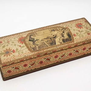 Antique FRENCH FABRIC Box, vintage textile box for gloves, sepia chromo with courting couple, Antique french fabric Boudoir box