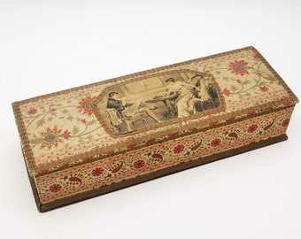 Antique French Fabric Box, Sepia Chromo, Courting Couple, Boudoir Decor