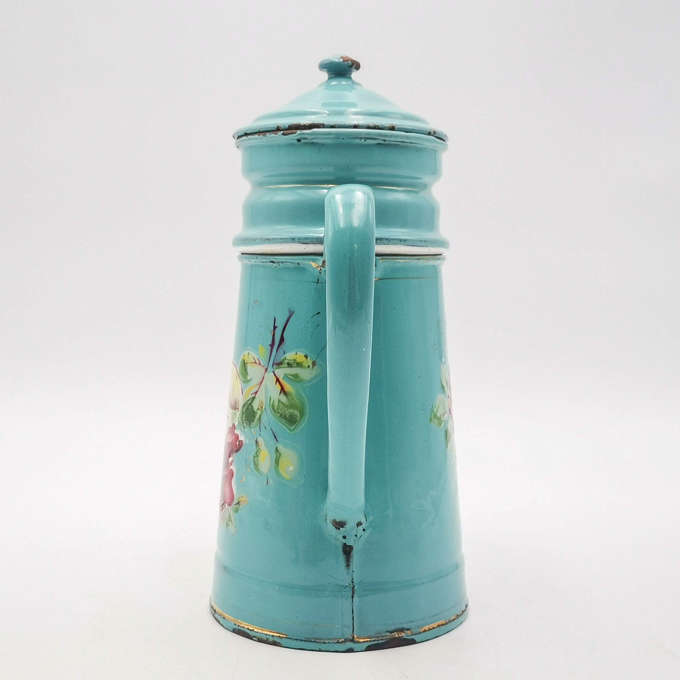 Antique French Enamel Coffee Pot, Teal Blue Roses Landscape, Japy