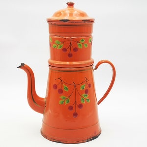 Antique French enamel Coffee pot, orange, hand painted cherries enameled coffee pot, antique enamel coffee pot, French enamel coffee biggin