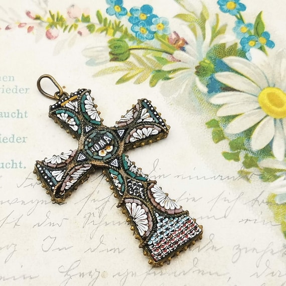Antique Italian micro mosaic cross pendant, vinta… - image 1