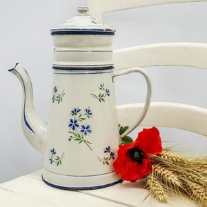Enameled French Coffee pot Japy with blue cornflowers, low filter, Antique enameled coffee pot, French vintage enamel coffee pot