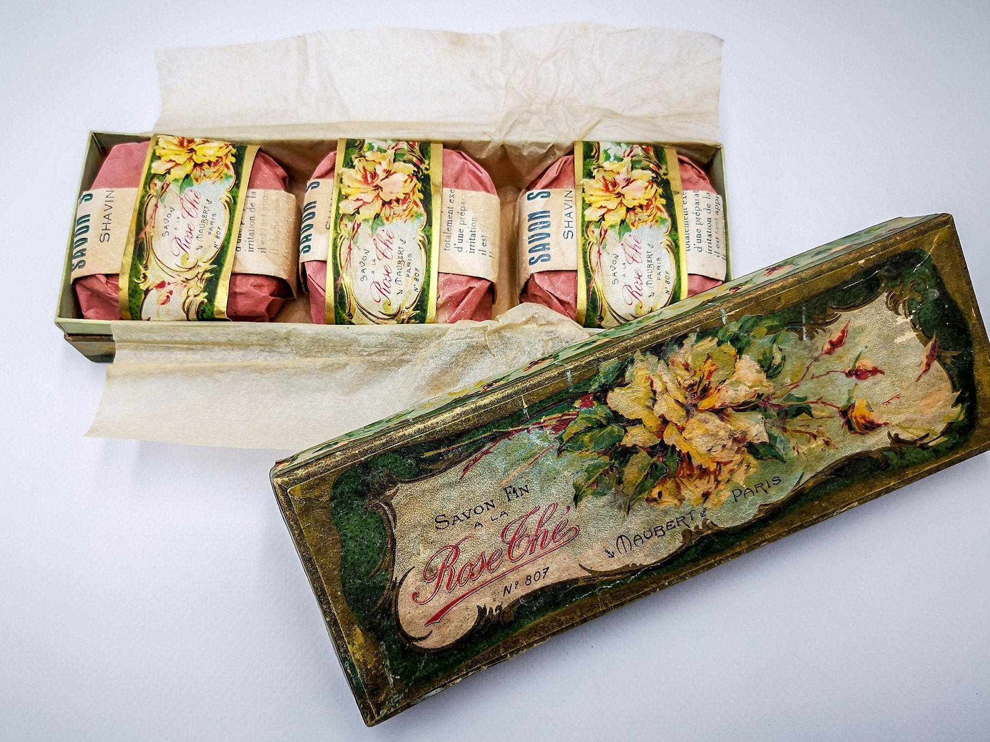 **アンティーク風♡SAVON‪ꔛ‬パウダーBOX風** Antique French Soap Box, Savon Fin Rose Thé, Maubert With Original