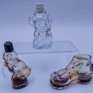 Antique miniature perfume bottles, collectable perfume bottles with uncommon shapes, boot, puppy and chick miniature vintage perfume bottles