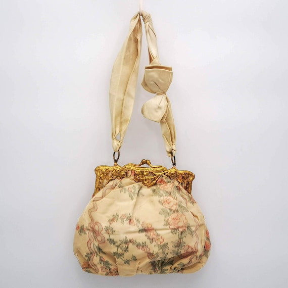 ANTIQUE chiné Silk Purse, garland of pink ROSES c… - image 2