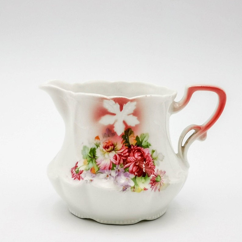 Antique porcelain coffee set, Art Nouveau era German porcelain coffee set, pink shades and transfer flowers, romantic coffe set early 1900 image 4