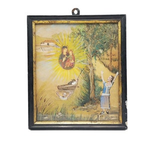 Hand-painted Italian Ex-Voto Retablo, Religious Folk Art, 1943, Framed