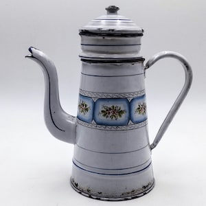 Enamel French COFFEE BIGGIN, white base & hand painted medallions, french enamelware coffee pot vintage, Antique enamel coffee pot