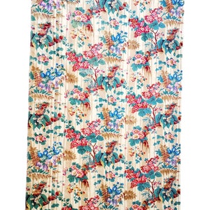 Victorian French chintz fabric, branch motif with flowers and fruits, striped background with vermicelli effect.