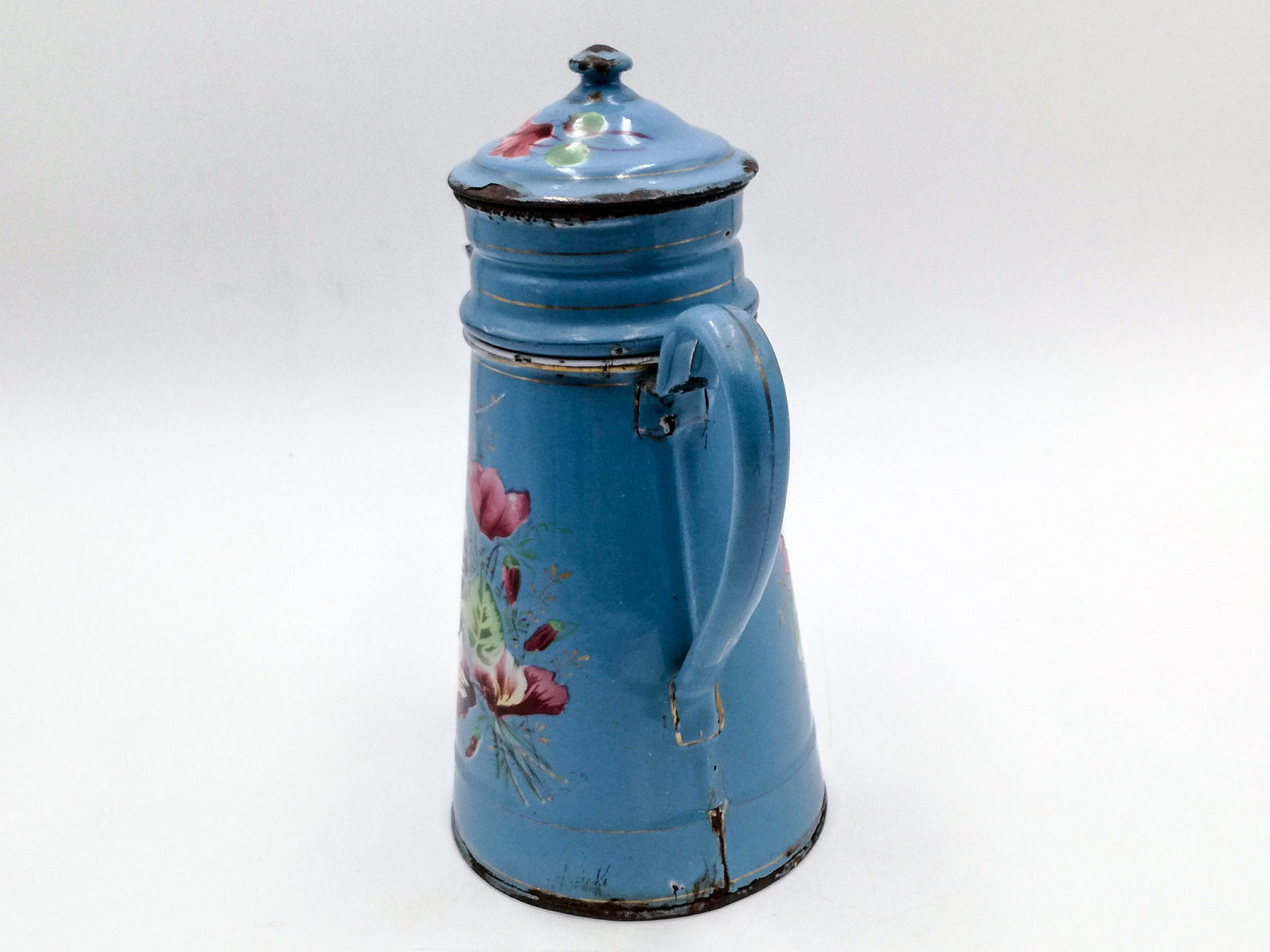 Antique Enamel French Coffee Pot Light Blue and Airbrushed Etsy