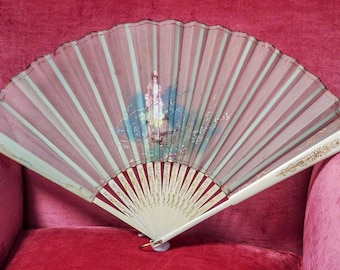 Antique French hand fan, folding fan with wooden sticks, hand painted fan, Marie Antoinette style lady, pale blue organze silk, early 1900's