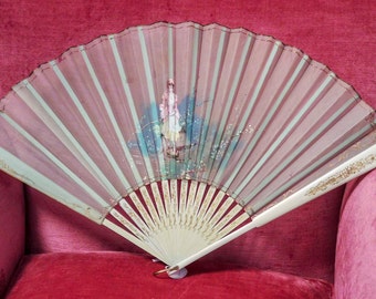 Antique French Hand Fan, Pale Blue Organza Silk, Marie Antoinette Style
