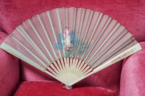 Antique French hand fan, folding fan with wooden … - image 1