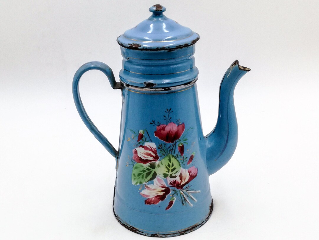 Antique Enamel French Coffee Pot, Light Blue and Airbrushed Cyclamens