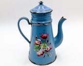 Antique enamel French Coffee pot, light blue and airbrushed cyclamens, Japy, Enameled coffee biggin, Antique enameled coffee pot, early 1900