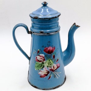 Antique enamel French Coffee pot, light blue and airbrushed cyclamens, Japy, Enameled coffee biggin, Antique enameled coffee pot, early 1900