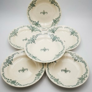 Antique French ceramic soup plates, set of 6 ironstone plates green transfer decor of lilies of the valley, Terre de Fer plates Longchamp
