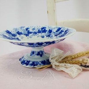 Antique French ironstone fruit stand or cake stand footed dish Creil Montereau Flora Aubepine, blue transferware with hawthorn, Terre de Fer