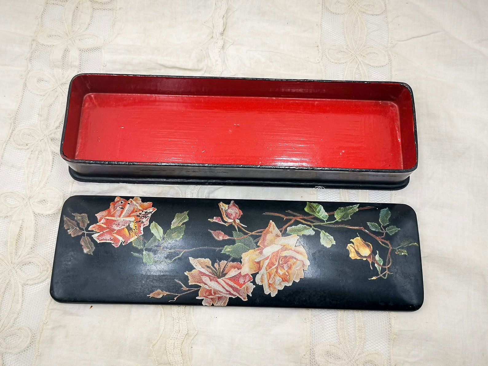 Antique Papier Mache Trinket Box or Gloves Box Black Papier Etsy