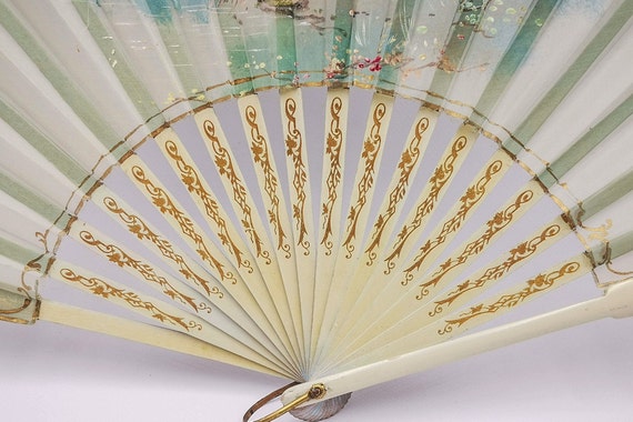 Antique French hand fan, folding fan with wooden … - image 4