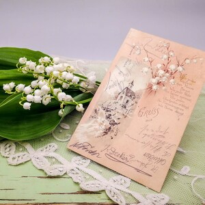 Antique Austrian postcard with lilies of the valley and landscape, Gruss, pink shades, Victorian era postcard, written, dating year 1911