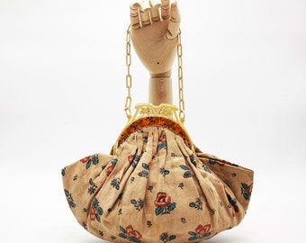 Antique French hand bag, Art Decò era bag with celluloid frame and block print floral fabric