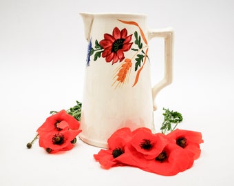 Antique French Sarreguemines Pitcher, Floral Earthenware Milk Jug