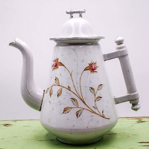 Antique enamel French Coffee pot, white & transfer moss roses decor Japan inspired shape, Enameled coffee biggin Antique enameled coffee pot