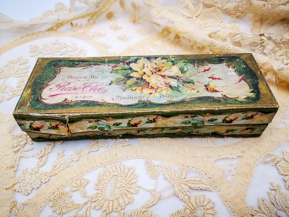 Antique French Cardboard Box for Soaps, Savon Fin Rose Thé