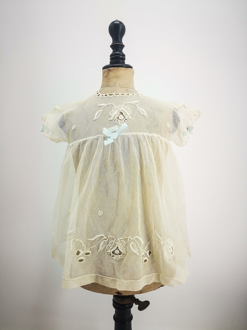 Antique French dress for baby, Edwardian era dress for baby, tulle net, hand embroidered flowers & blue-ribbon bows, antique baby gown image 1