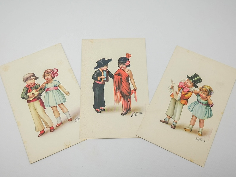 Cartoline antiche con coppie di bambini, cartoline d'epoca illustratore Collino, cartoline vintage da collezione epoca aani '30, Collino immagine 2
