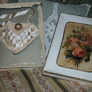 Antique First Communion RIBBONWORK PURSE & Chromo BOX French
