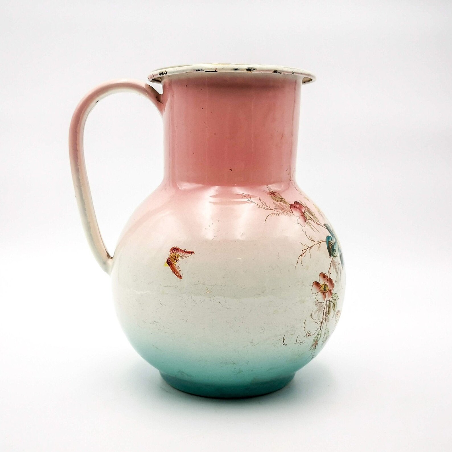 Antique French Enamel Water Pitcher Pink and Green Shades Etsy