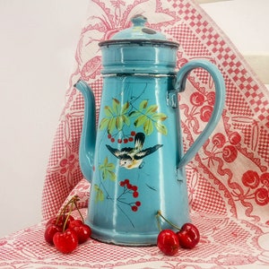 Antique French enamel Coffee pot, blue, hand painted bird & cherries enameled coffee pot, antique enamel coffee pot, French coffee biggin