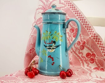 Cafetière en émail Français antique, cafetière émaillée d'oiseaux