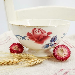 Antique French cafè au lait bowl airbrushed rose in red with grey details, Digoin Cannes, vintage french ceramic bowl, Digoin French bowl