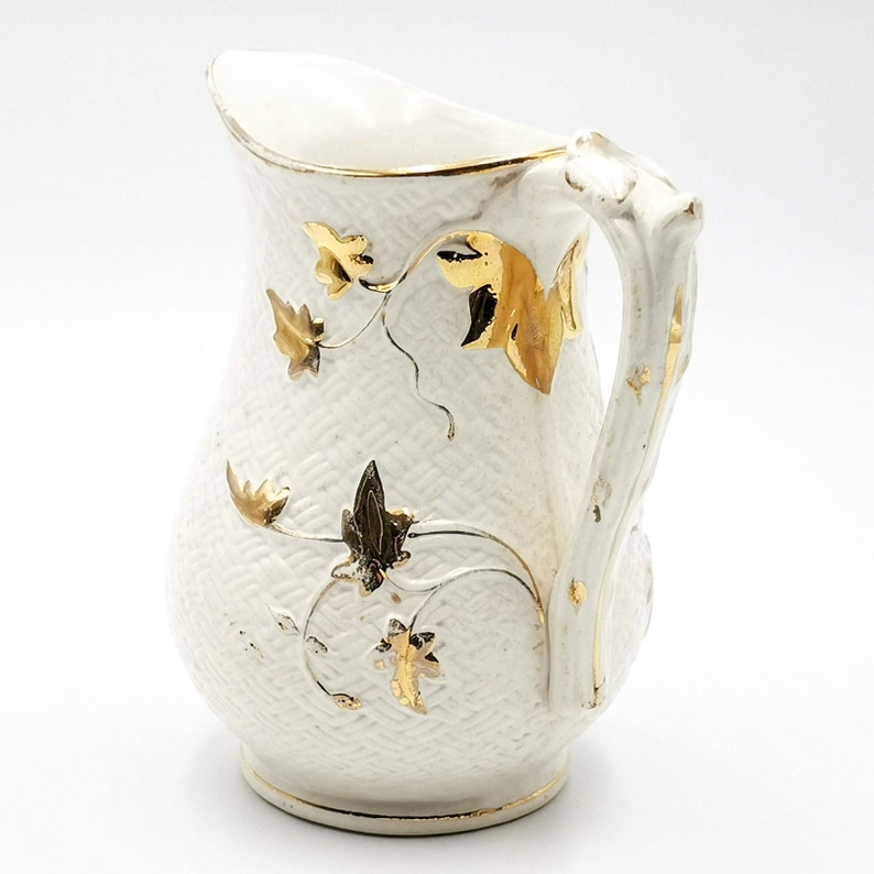 Antique French majolica water jug Sarreguemines, ivory color with raised and gilded foliage, antique French majolica jug Sarreguemines image 6