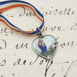 Antique Italian religious pendant, enamel heart shaped pendant with hand painted Madonna