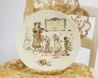 Antique ironstone French dinner plate, Sarreguemines Froment Richard plate, polychrome terre de fer talking plate with children, collectable