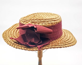Antique Edwardian era straw hat - boater for young woman, bordeaux gros-grain ribbon bow straw hat, antique boater hat with original label