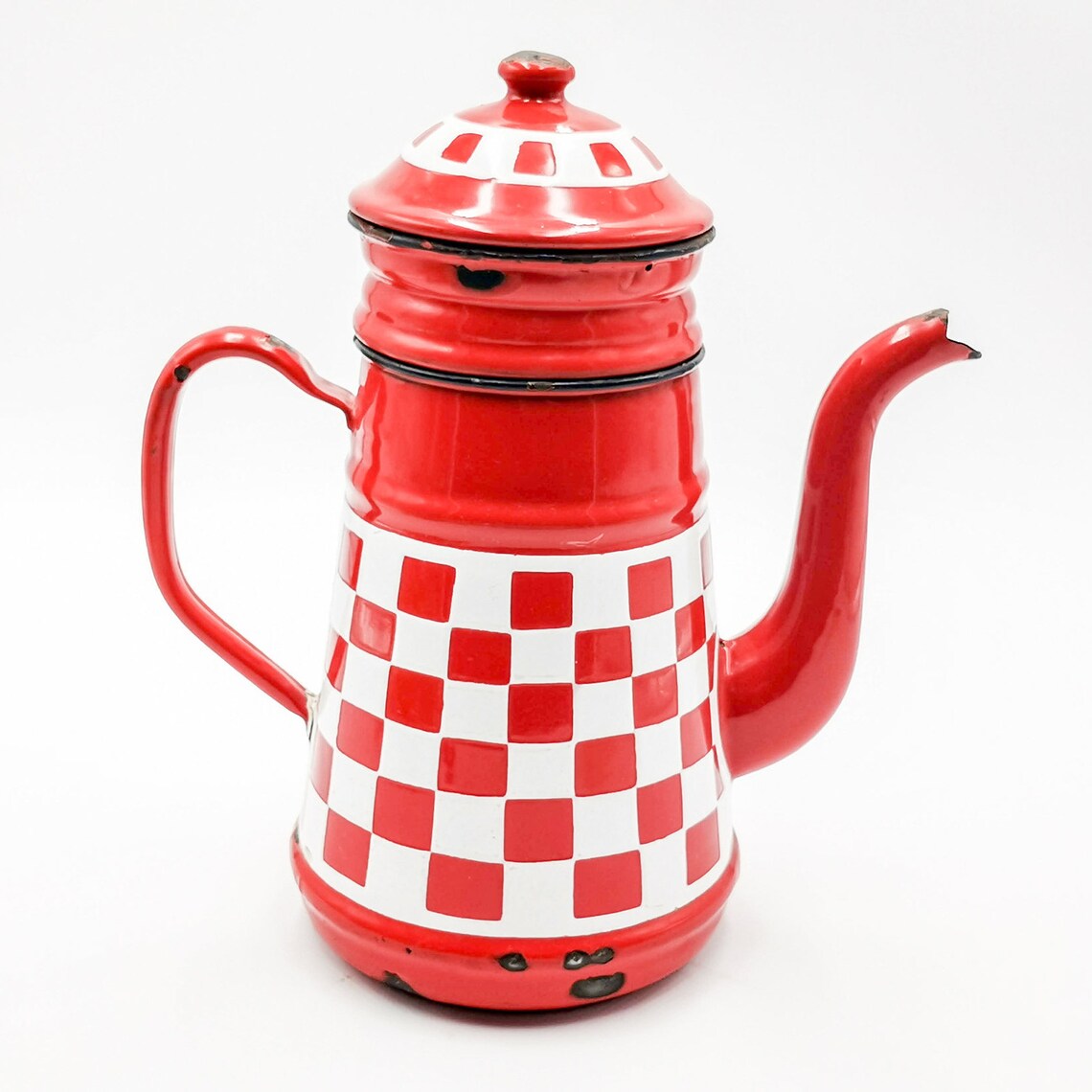 Enameled French Red COFFEE POT LUSTUCRU Checks Enameled Etsy