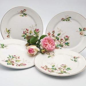 Antique earthenware French dessert plates, set of 4 Sarreguemines dessert plates, terre de fer plates with pink moss roses early 1900&#39;s
