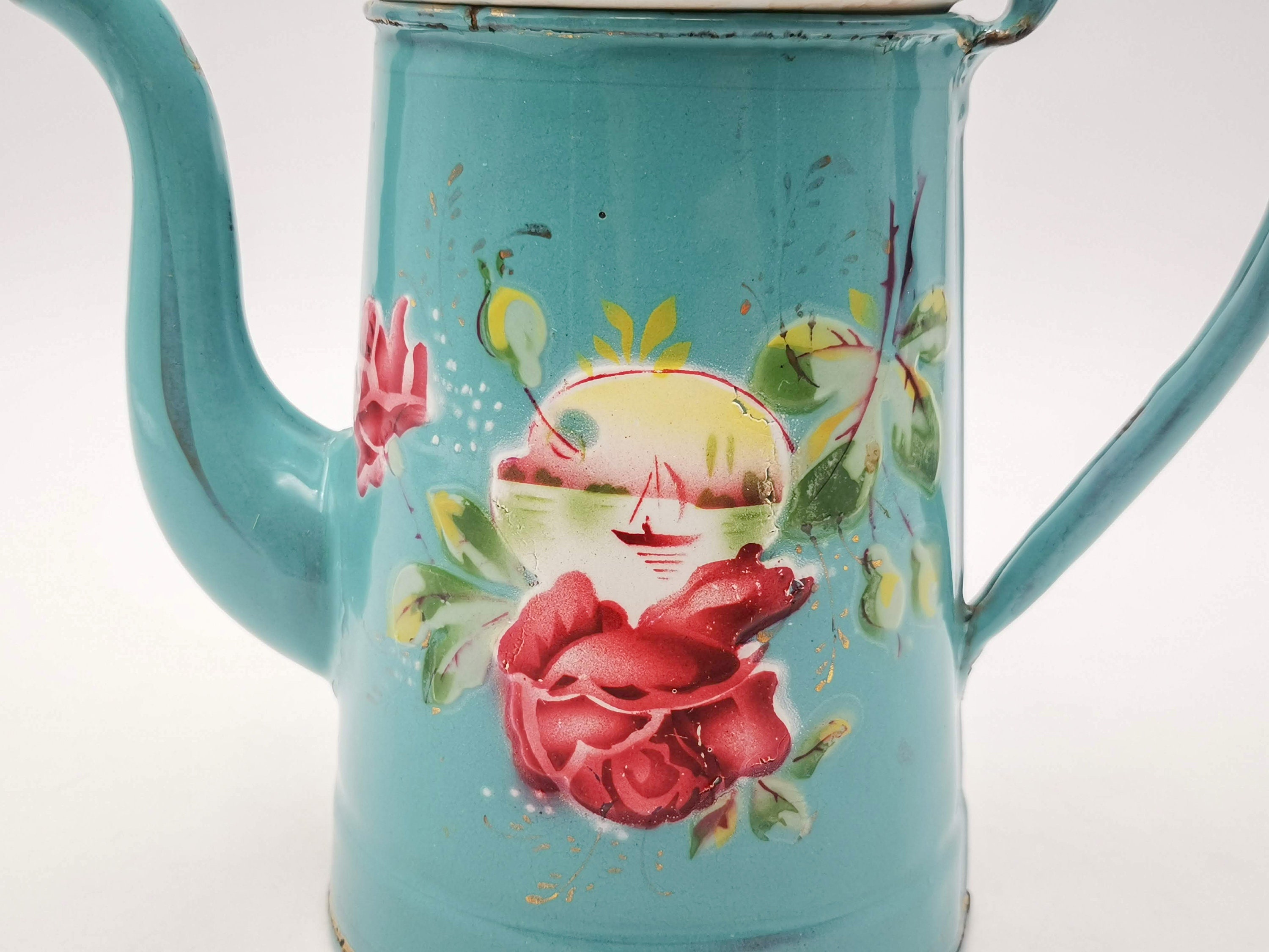 Antique French Enamel Coffee Pot, Teal Blue Roses Landscape, Japy