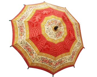 Antique French child's parasol in cretonne fabric with design of roses garlands and cherubs