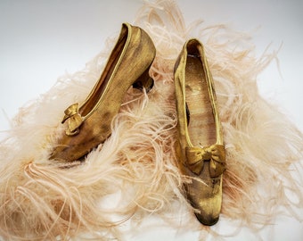 Antique Bronze Silk Lamé Evening Shoes, 1910s Italian Lady's Bow Heels