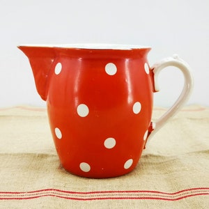 Antique French ceramic pitcher Sarreguemines, red & white polka dots, vintage water jug Sarregeuemines Digoin, collectible ceramic jug